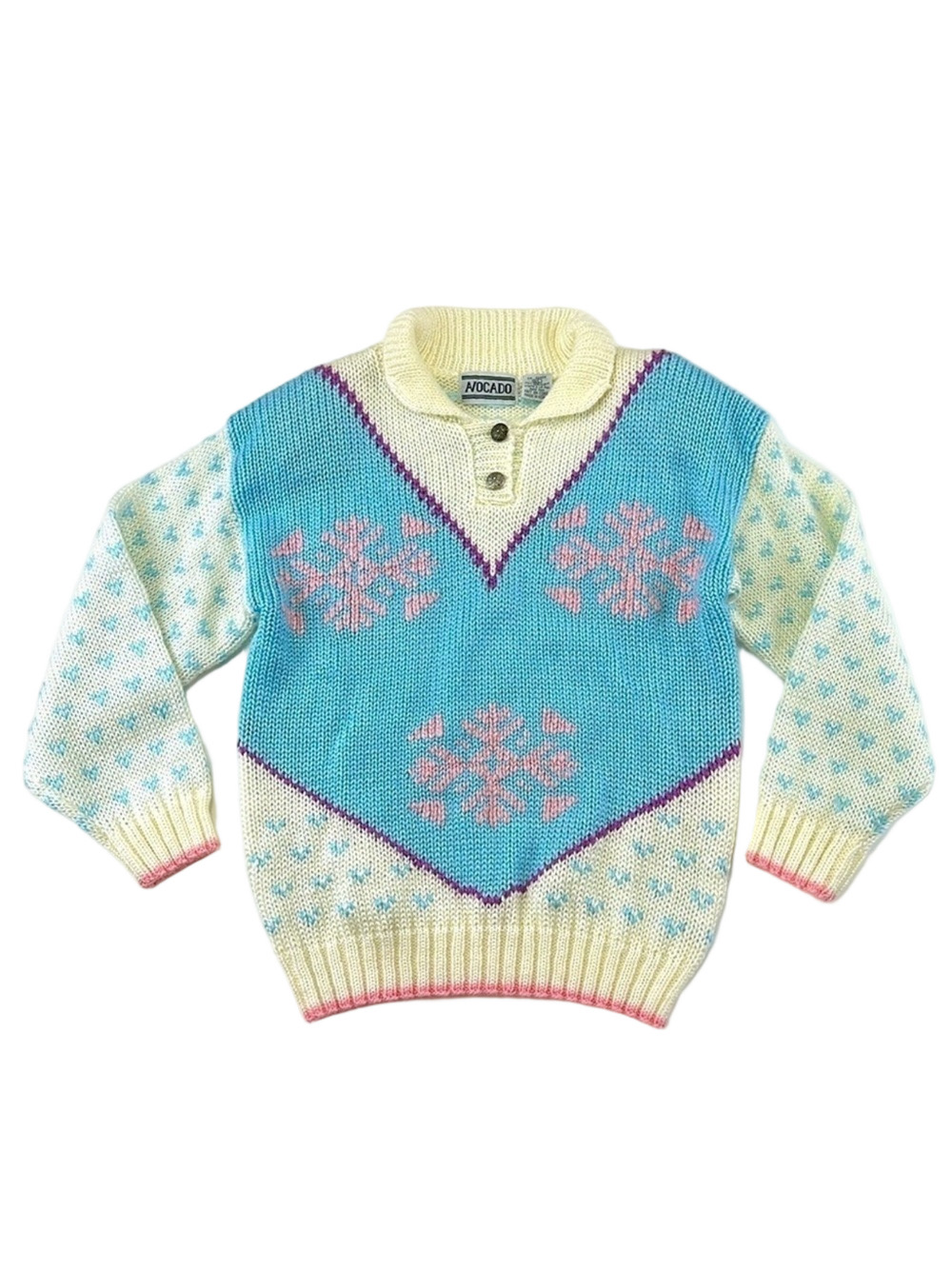 Vintage 80s cream blue pink pastel snowflake collared acrylic sweater Large